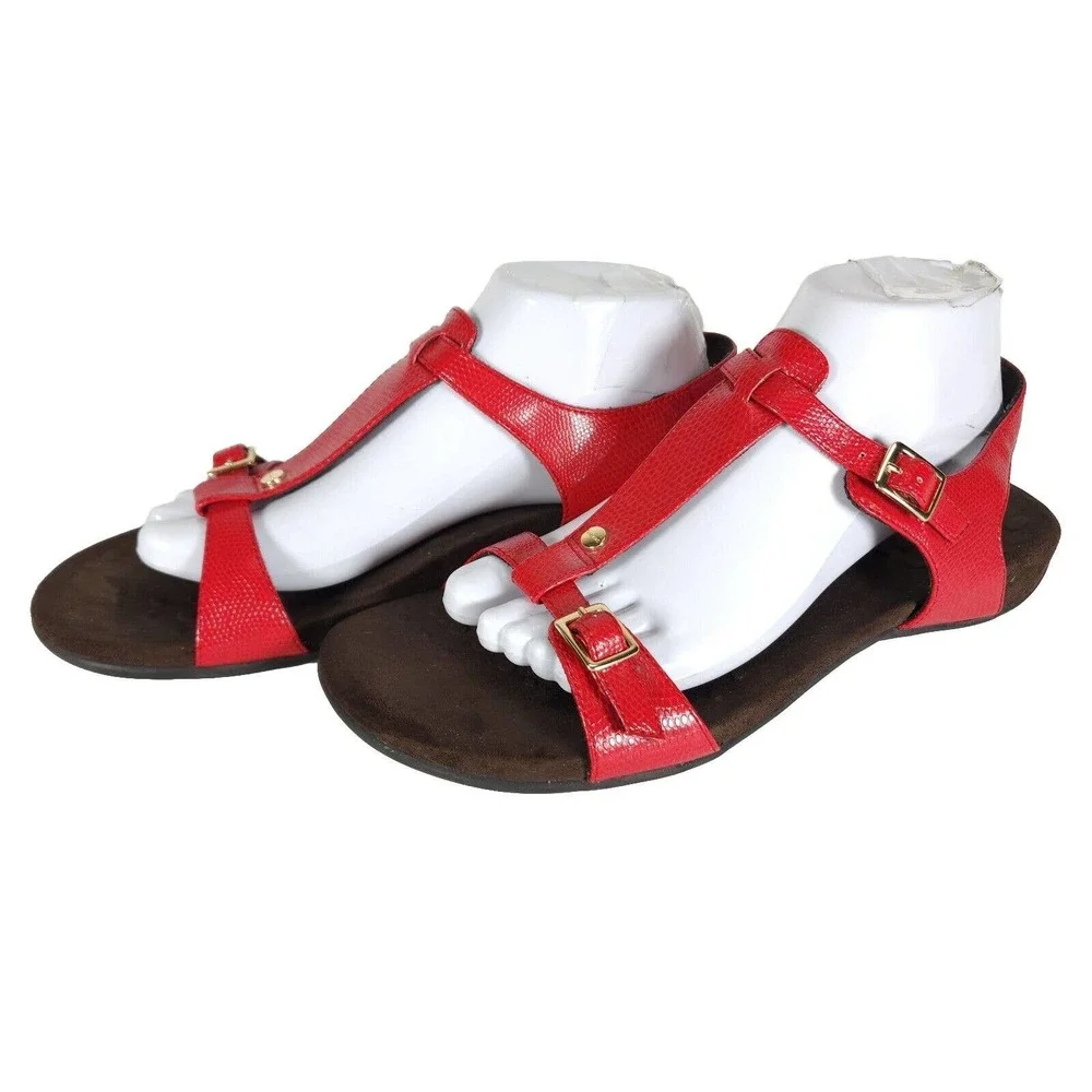 Vionic Women's Isla US 9 Red Brown Lizard T-strap Strappy Sandals Shoes